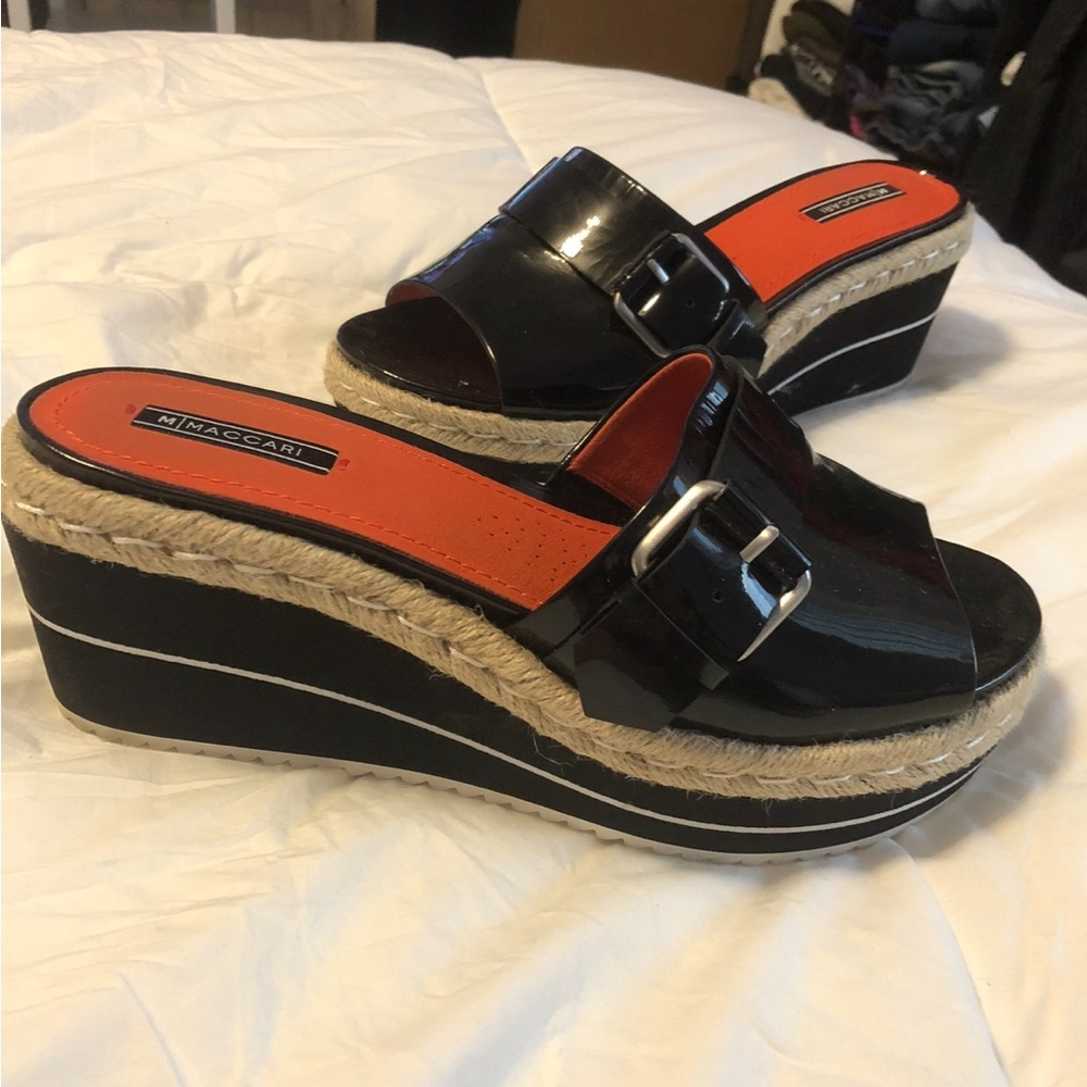 Vintage M Maccari Black Patent Wedge Sandals